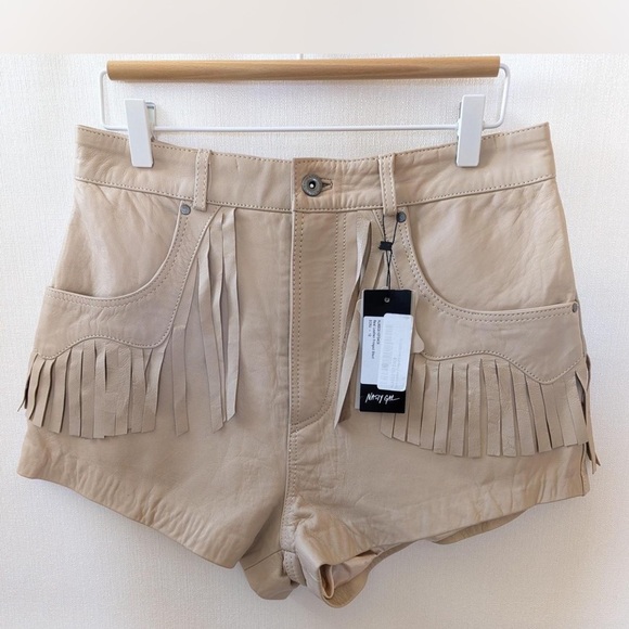 Nasty Gal Pants - Nasty Gal Beige Genuine Leather Fringe Shorts